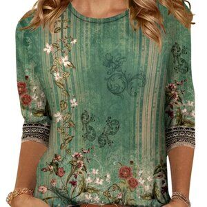 NEW Teal Floral Patterned Top with 3/4 Sleeves FANTASLOOK Woman's Plus Size 4X